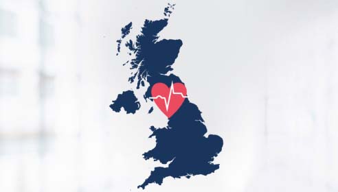 A map of the UK and a heart shape showing a problematic ECG line
